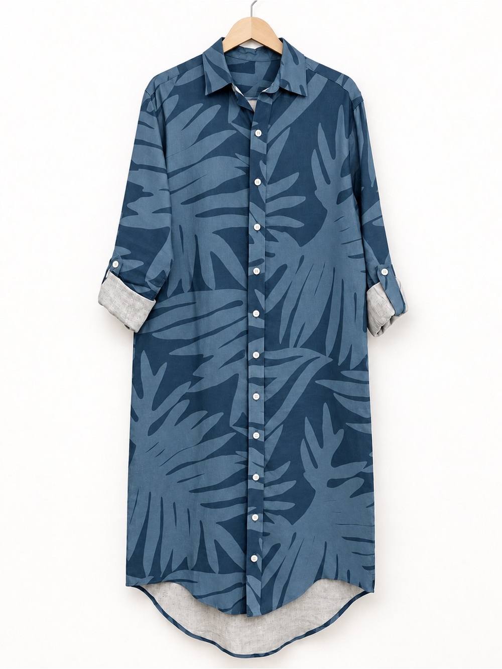 Emily Phillips Blue Leaf Button Front Maxi Shirt Dress Women’s Size L